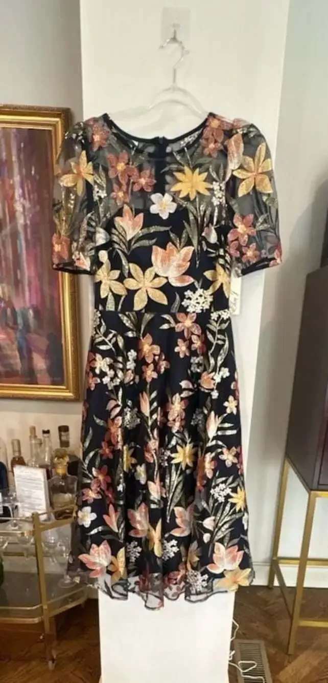 Eliza J Floral Embroidered Mesh Short Sleeve Dress size 4 boat neck flowers